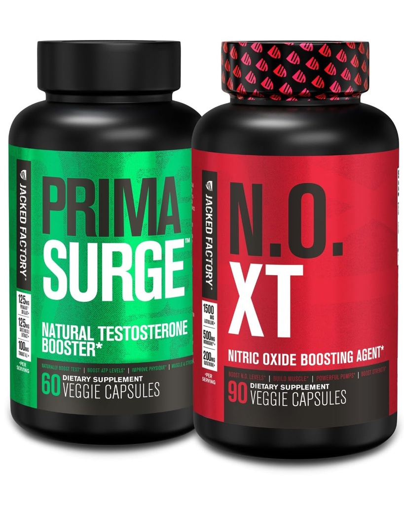 Booster de testosterona para hombres PRIMASURGE (60 cápsulas) & N.O. XT Nitric Oxide Suplemento (90 cápsulas) para el crecimiento muscular, bombas, energía