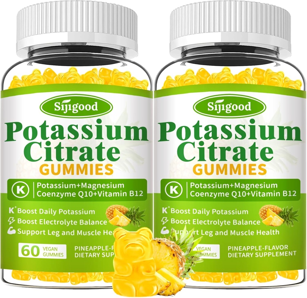 2 Pack Potasio Gummies de Citrato – Suplemento de Potasio de Alta Potencia para la Salud Musculo, Relieve de la Lega, Equilibrio Electrolito – Vegan, No GMO, Libre de gluten, Flavor de Piña, 120 Conde