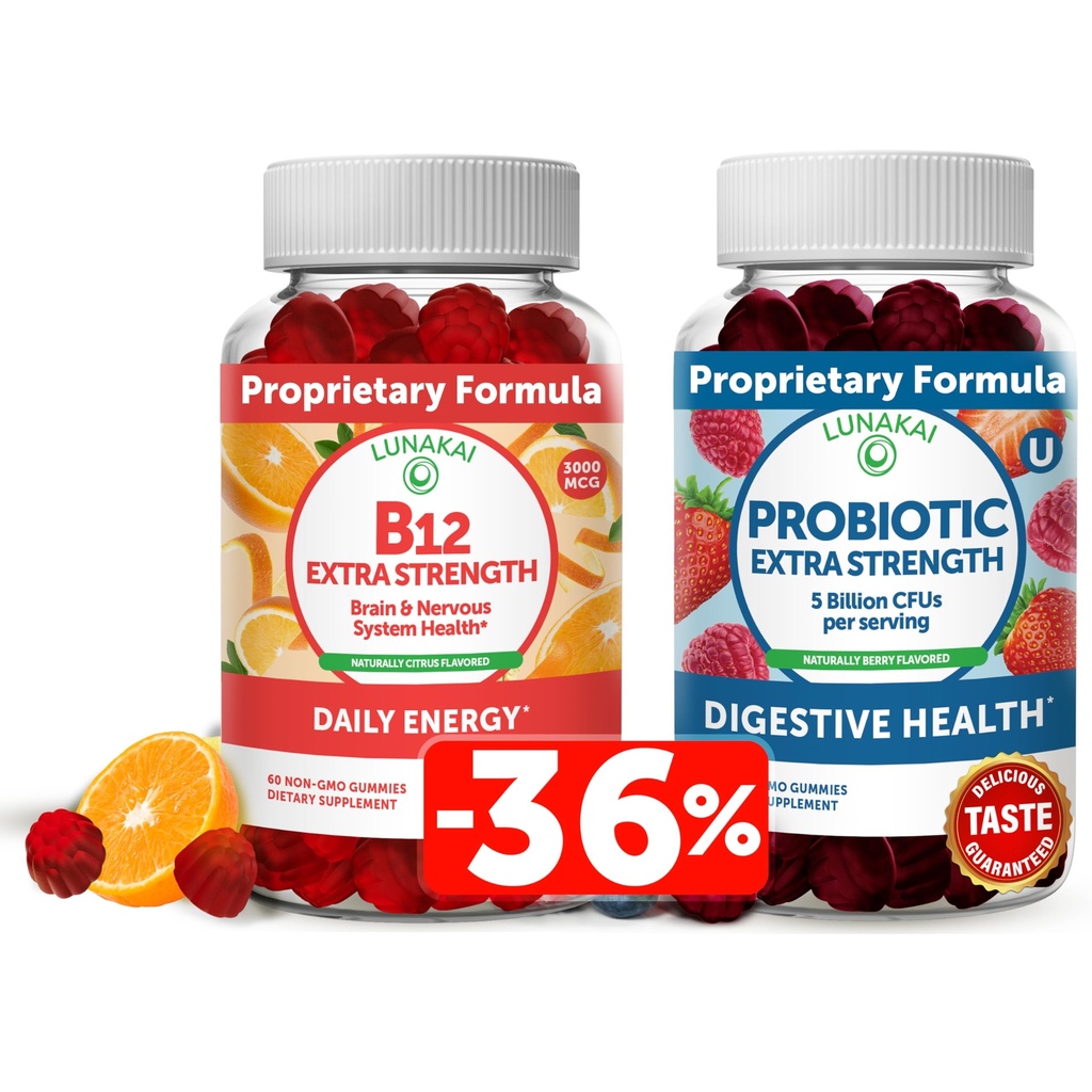 Lunakai Vitamina B12 y Gummies Probióticos Bundle - 3000 mcg Gummy para adultos Apoyo energético y salud ósea - 5 millones de UF por servir para la salud de Gut digestiva con vitamina C para hombres y mujeres