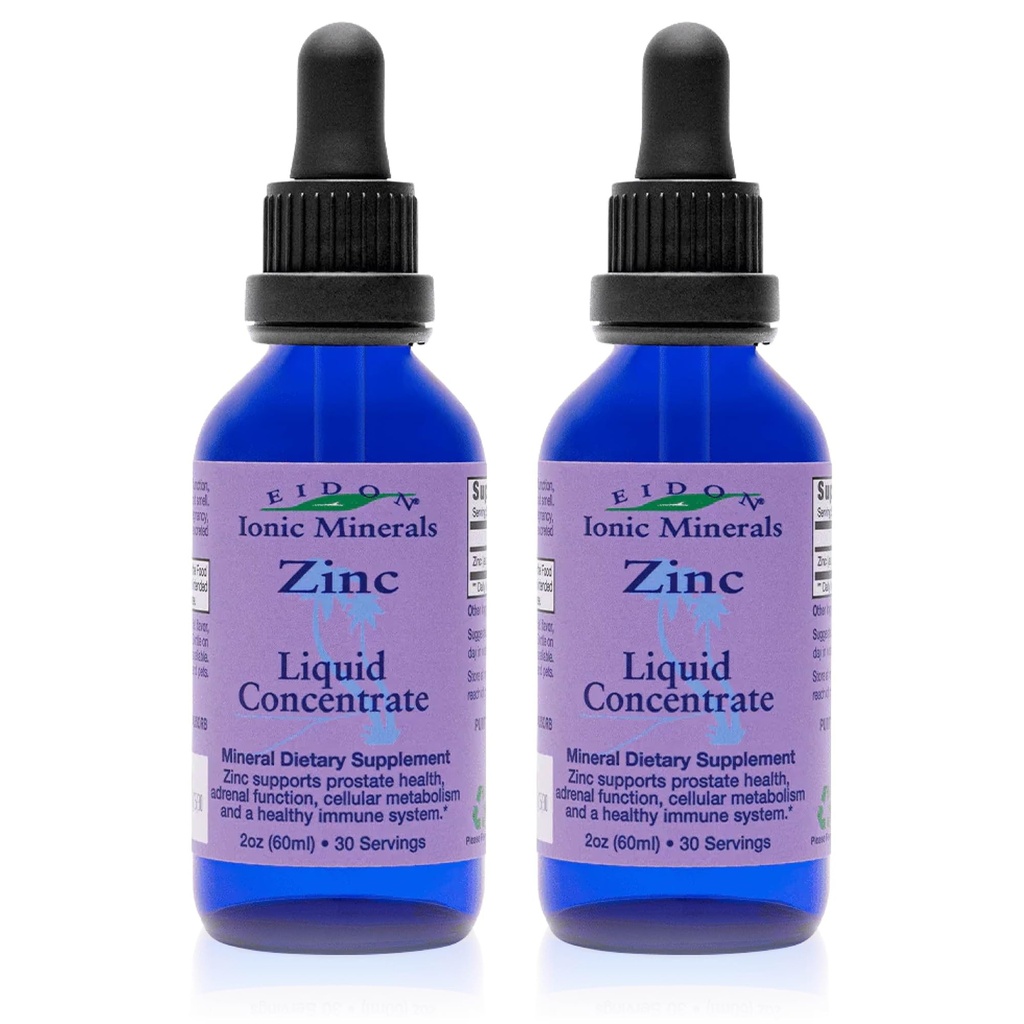 Eidon Ionic Minerals Concentrado de zinc líquido - Ionic Zinc Sulfate Suplemento gotas para hombres, mujeres, " Niños, Sistema de manutención, Peluquería y Piel, Salud del hígado y el riñón - 2 oz, 2 Pack