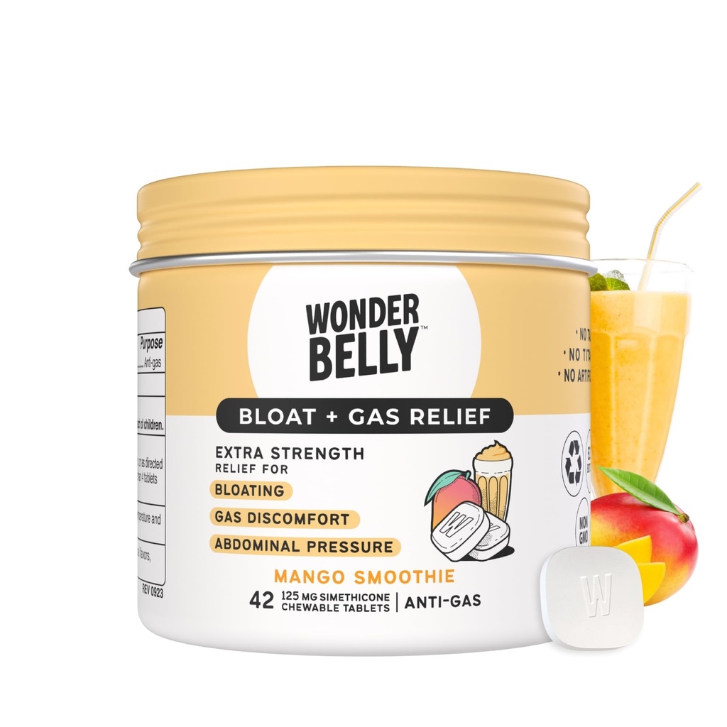 Wonderbelly Bloat + Gas Relief, Extra Strength Chewable Tablets, con 125 mg Simethicone, No Talc o Dye, Mango Smoothie, 42 Conde