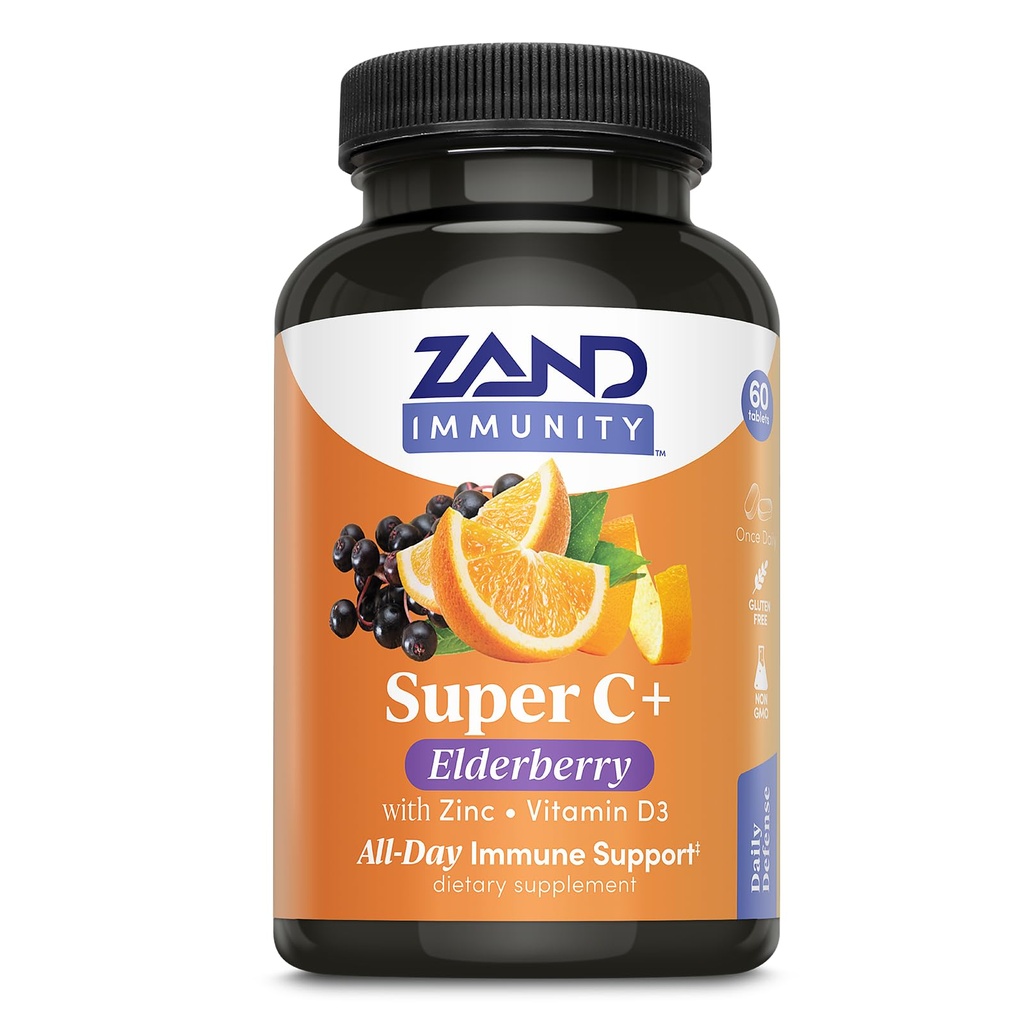 Zand Immunity Super C+ con Elderberry, All Day Immune Support, 1000mg PureWay-C Vitamin C Plus Zinc &amp; Vitamina D-3, Ausorción Mejorada, 60 Tabletas, 30 Servimientos