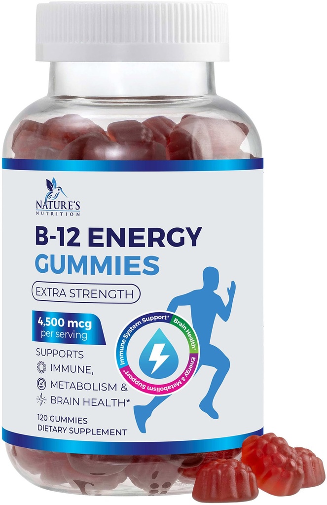 B-12 Vitamina Gummies 4500mcg - Extra Strength B12 Gummy Chewables for Energy Metabolism &amp; Immune Support - Suplemento dietético para Mujeres, Hombres, " Niños - No GMO, Vegan, Berry Flavor - 120 Conde