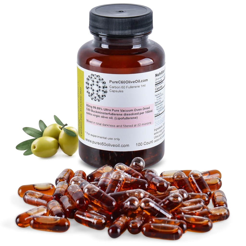 PureC60OliveOil C60 Organic Olive Oil Capsules Pills 100ml / 3.4 Fl Oz - 99.99% Carbon 60 Solvent Free 80mg - Food Grade - Carbon 60 Olive Oil - from The Leading Global Producer