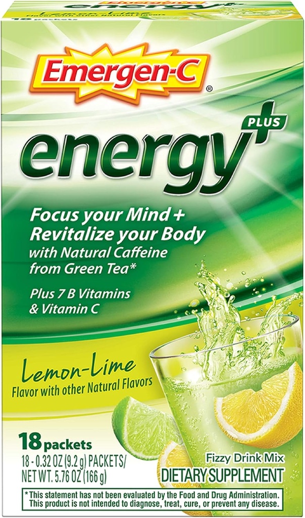 Emergen-C Energy+, con vitaminas B, vitamina C y cafeína natural de té verde (18 conde, sabor a a arándano) Suplemento dietético mezcla de bebidas, 0.33 paquetes de polvo de onda