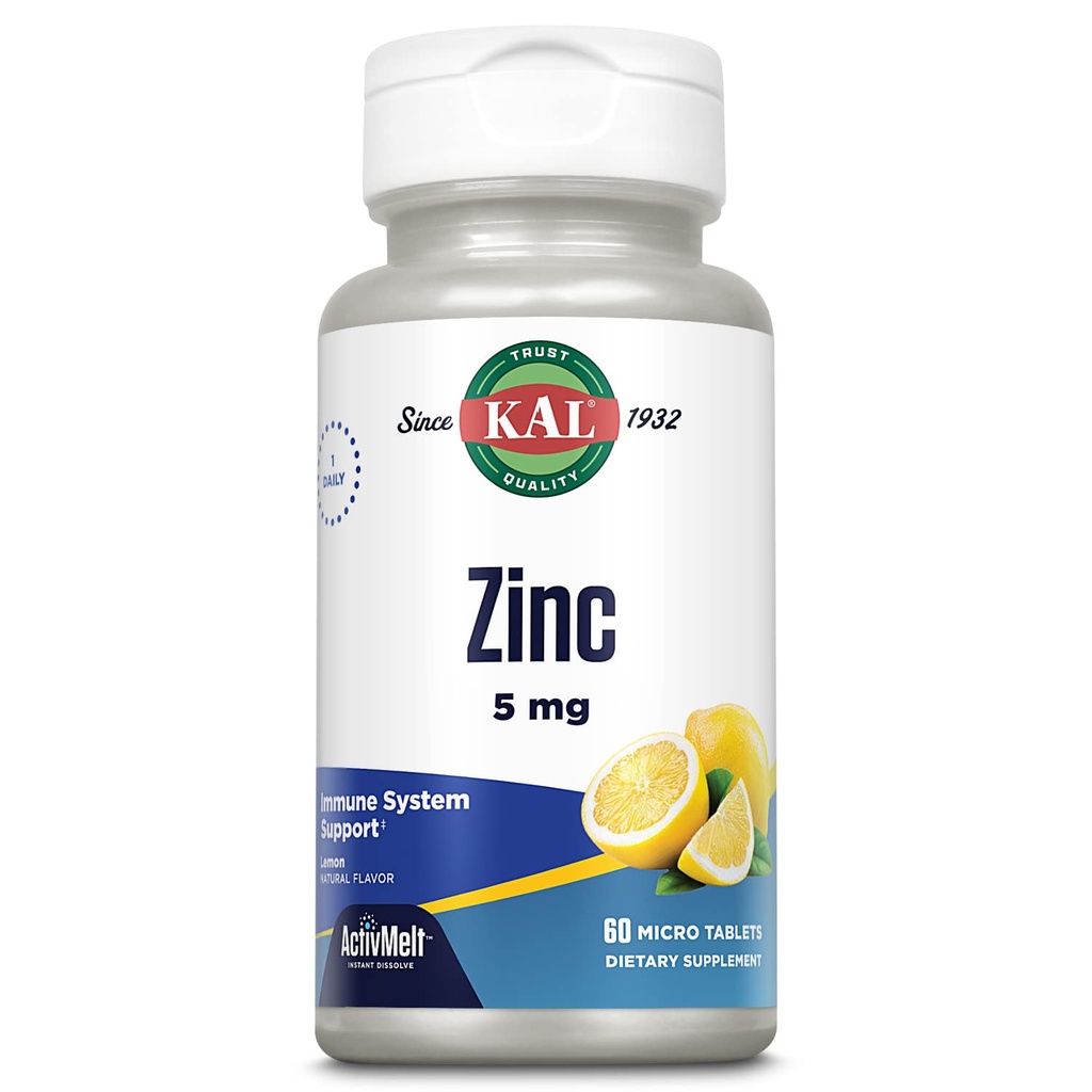 KAL Zinc 5mg Tablets - Suplementos Zinc para Mujeres y Hombres, Apoyo Inmunitario, Dissolve rápido para la absorción óptima, Sabor Natural Lemon Flavor, Vegetariano - 60 Micro Tablets