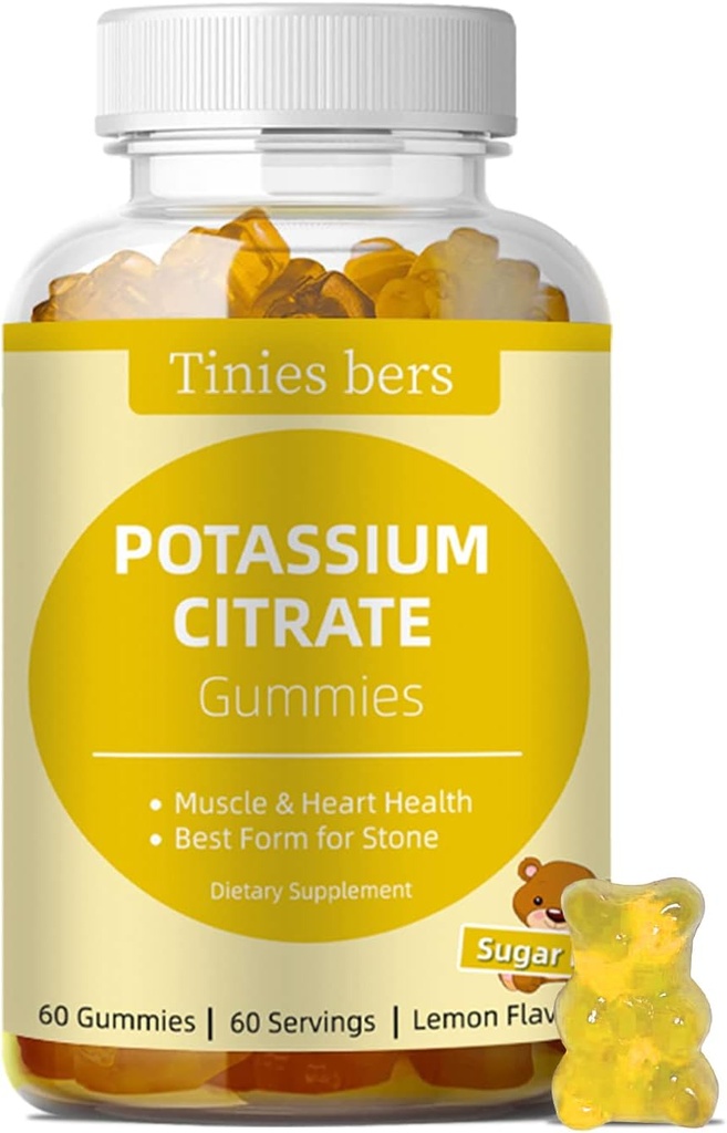 Gummies de Potasio para Adultos Niños, Sugar Gratis, Apoyo Leg Cramps & Muscle & Heart Health, Vital Electrolyte, como Citrato de Potasio, Best Potassium Gummies for Stones, Vegan, Non-GMO, Lemon Flavor, 60