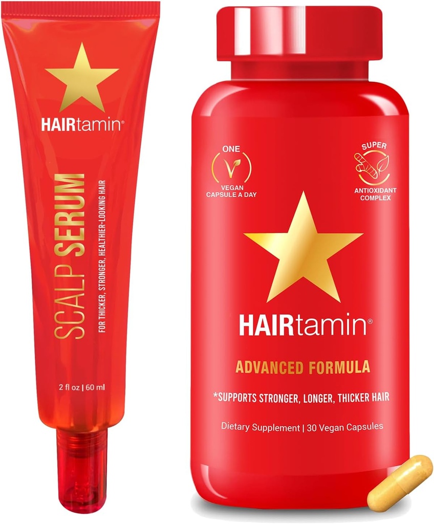 HAIRtamin Advanced Hair &amp; Scalp Serum Pack ← All-Natural Vegan Biotin Capsules &amp; Srum Sample for Hair, Skin &amp; Nail Growth