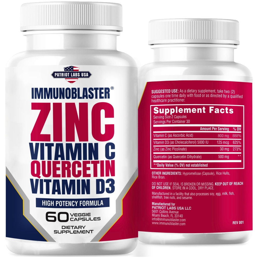 Zinc Quercetina 500mg con vitamina D y C Antioxidante Apoyo a la inmune Alta Potencia Quercetina Zinc Suplemento para Hombres y Mujeres - Gluten, Soy, & Dairy Gratis - 60 Cuenta (Pack de 1)
