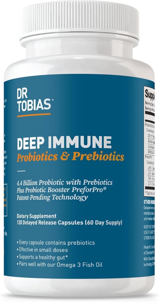 Dr. Tobias Probióticos Inmunitarios Profundas " Prebióticos, Digestión de doble acción " Apoyo inmunitario con PreforPro Prebióticos " Esponja de liberación retrasada formando probióticos para hombres de mujeres, 120 cápsulas, 60 servicios