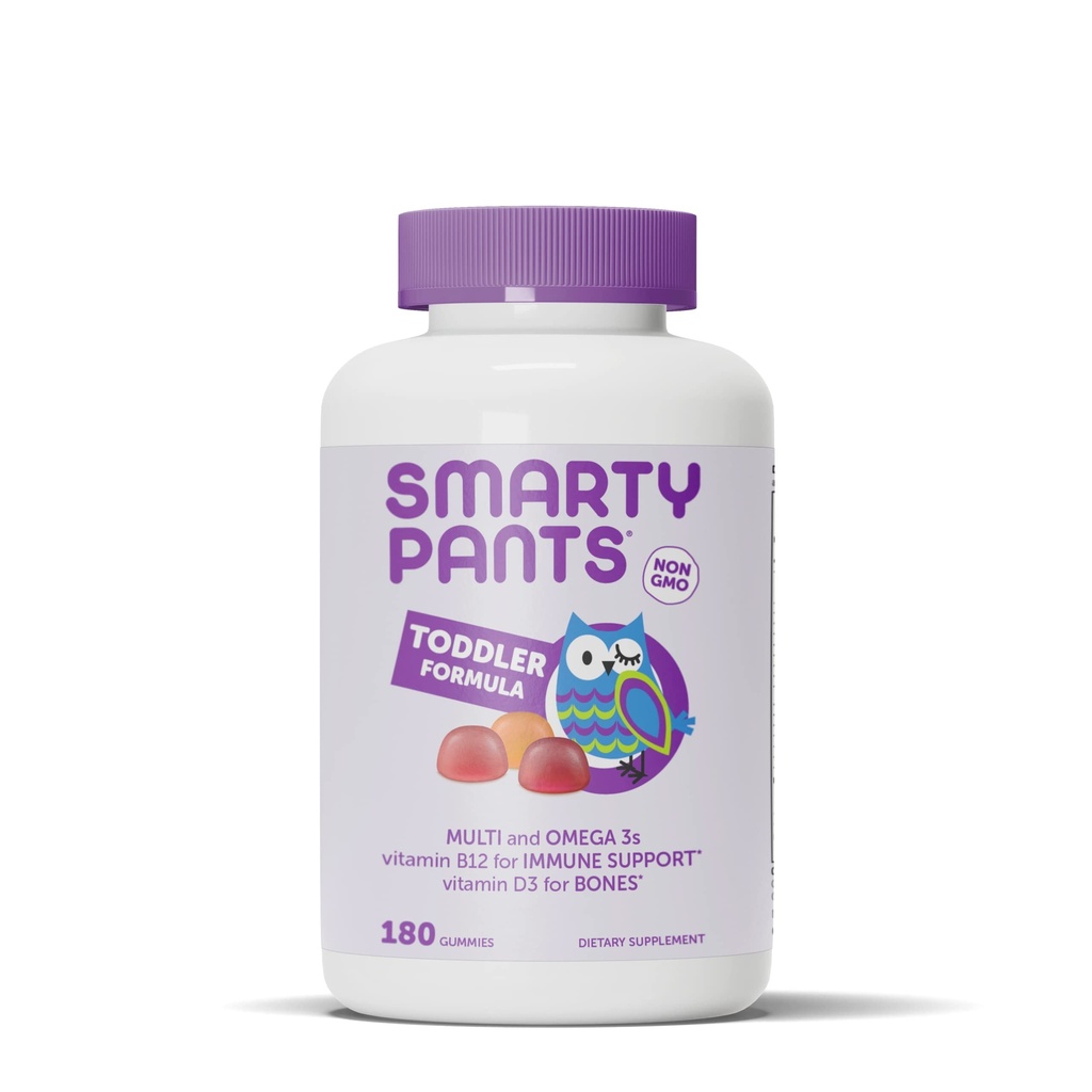 SmartyPants Toddler Multivitamin Gummies: Omega 3 Fish Oil (EPA/DHA), Vitamina D3, C, Vitamina B12, B6, A, K & Zinc, Biotin, Beta Carotene, Gluten Free, Three Fruit Flavors, 180 Conde (60 Day Supply)