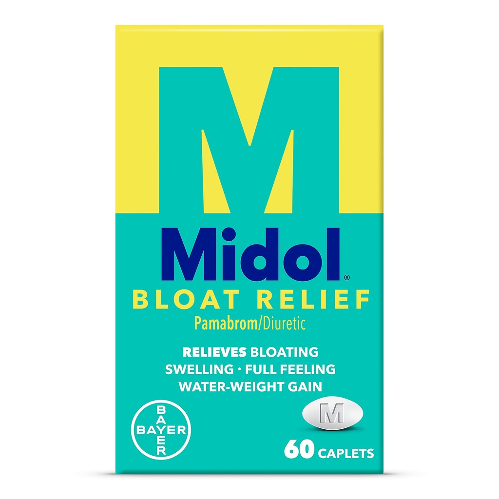 Midol Bloat Relief Caplets con Pamabrom, Aliviar los síntomas antes y durante su período, proporciona hasta 6 horas de alivio para las mujeres, 60 cuenta