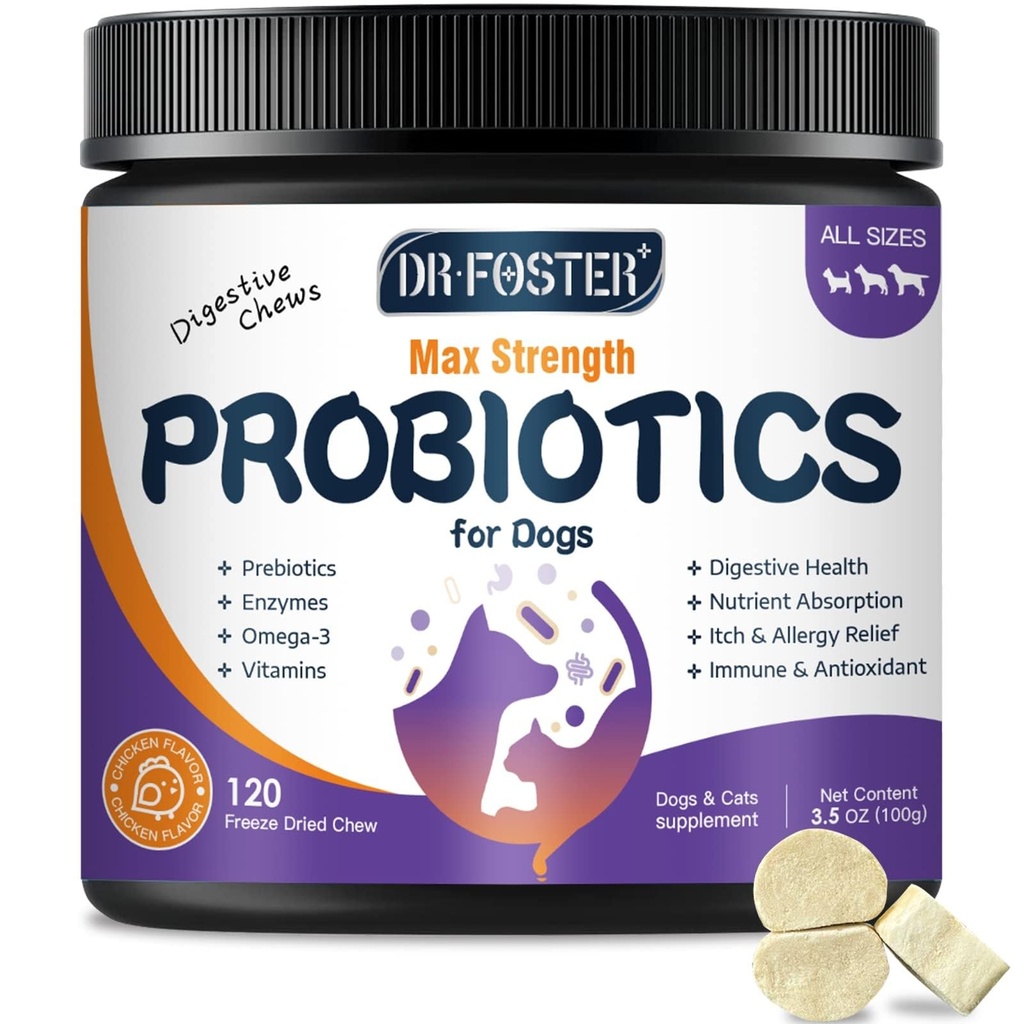 Probióticos para perros, probióticos de perros congelados y enzimas digestivas, más Omega-3 para picazón, prebióticos 3 en-1 para la salud digestiva, vitaminas de perros y suplementos para la salud inmunitaria, 120 bits