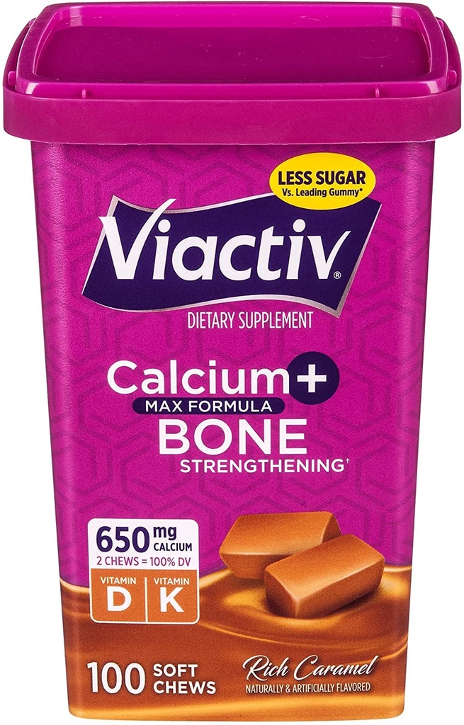 Viactiv Max Fórmula Calcio +Vitamin D3 Suplemento de Bone Health, Rich Caramel, 100 Soft Chews - 5 Pack
