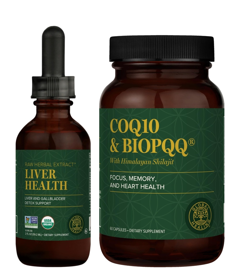 Global Healing Center - Liver Health &amp; CoQ10 &amp; BioPQQQ with Shilajit Kit - Liquid Drops for Healthy Blood Flow, Vein Circulation &amp; Advanced Heart, Brain Support for Concentration & Focus