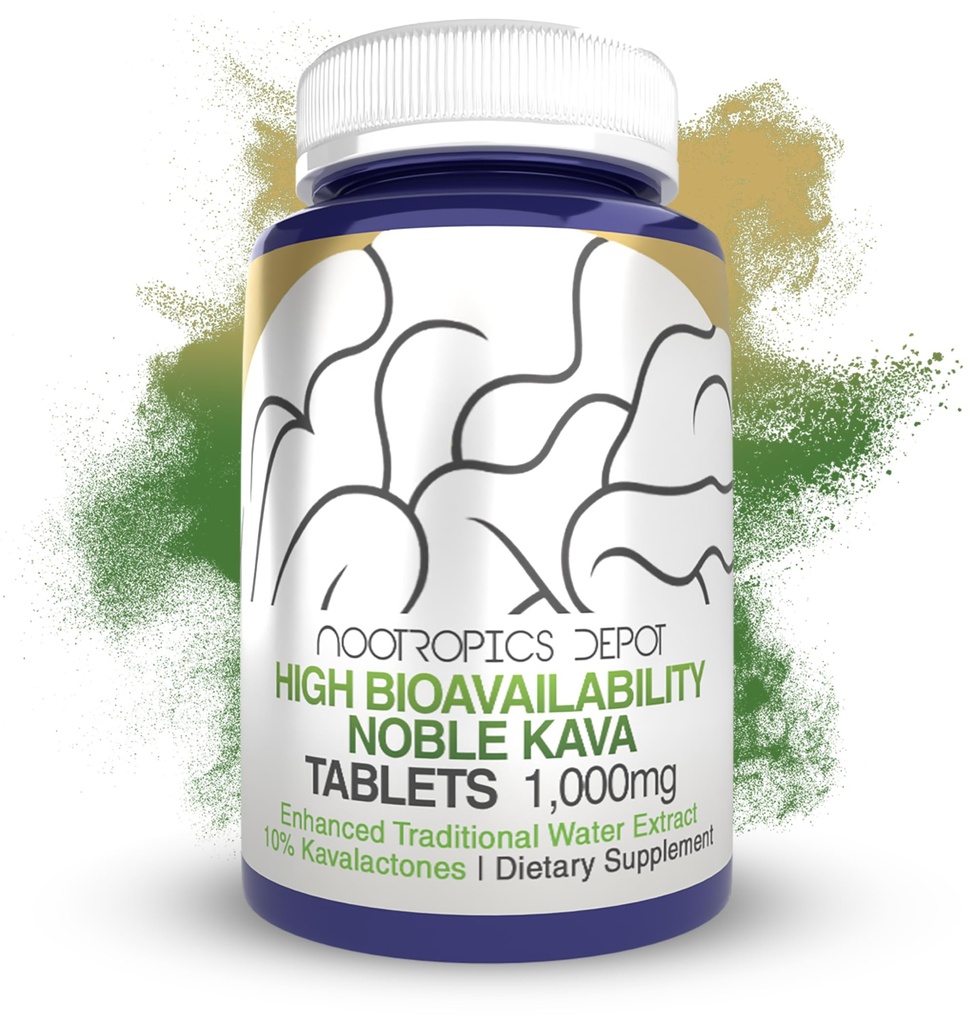 Nootropics Depot High Bioavailability Noble Kava Tablets  durable 1,000mg Silencio 30 Conde Silencio Mínimo 10% Kavalactones ¦ Enhanced Traditional Water Extract
