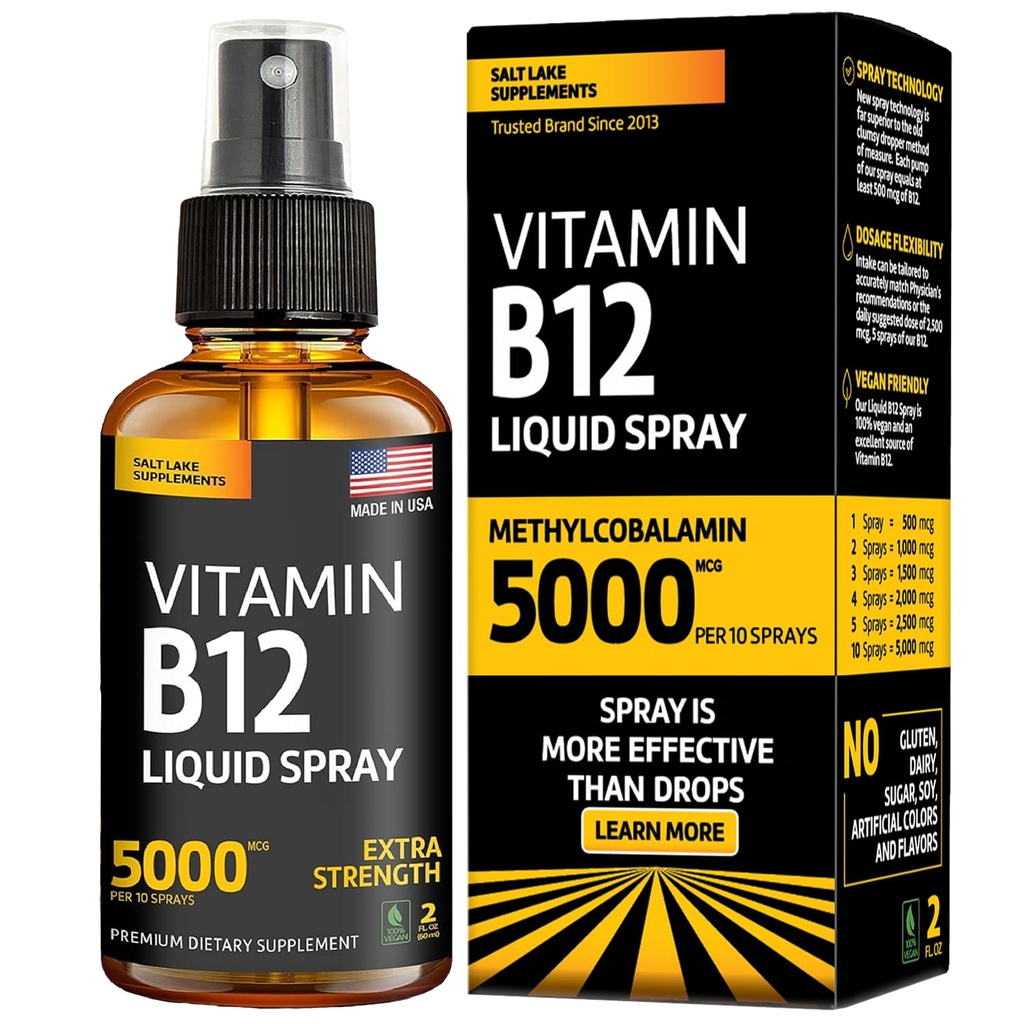 Vitamina B12 Spray sublingual 5000 mcg – Metilcobalamina Vegan Líquida B12 Boost Energy, Mood & Brain Health - Gluten-Free, Non-GMO B12 Spray for Men &amp; Women - Easy Dosage (5000 mcg en 10 Sprays)