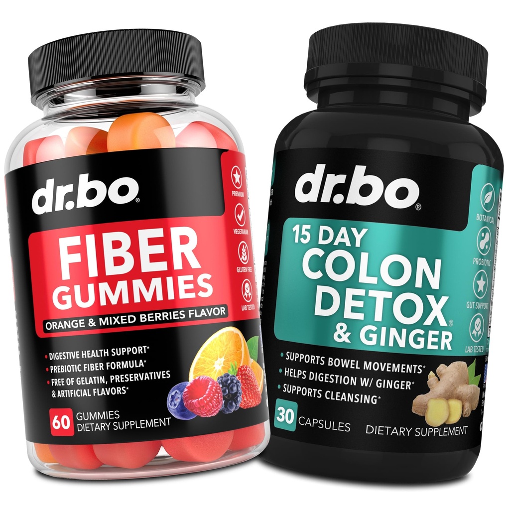 DR. BO Fiber Gummies Colon Cleanse & Ginger - Tasty Gummy Prebiotic Fiber Supplement - Bowel Movement Support for Gut & Stomach Cleanse