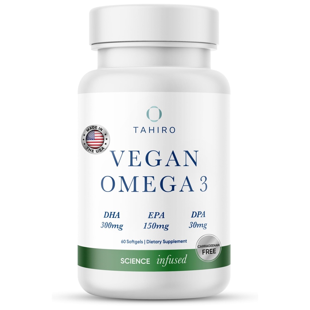 TAHIRO Vegan Omega-3 Softgels - Suplemento de base vegetal con DPA, DHA &amp; EPA - Nutrientes para hombres, mujeres y mujeres embarazadas - Apoya la salud cerebral - Suplementos conjuntos prenatales " , 1000 mg