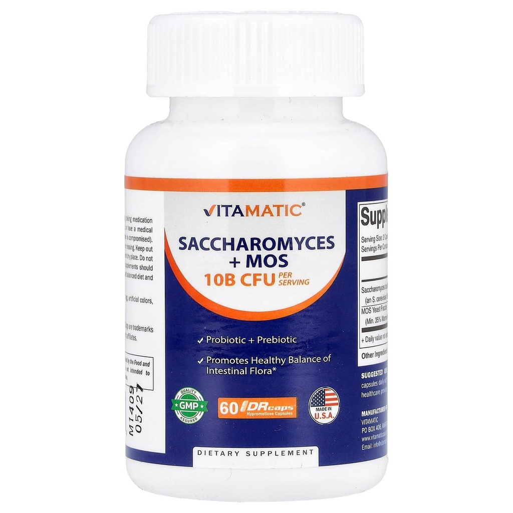 Vitamatic Saccharomyces Boulardii Probiotic 10B per Serving + Leeast Extract (MOS Yeast Fraction) 300 mg - 60 DR Capsules - Made in The USA