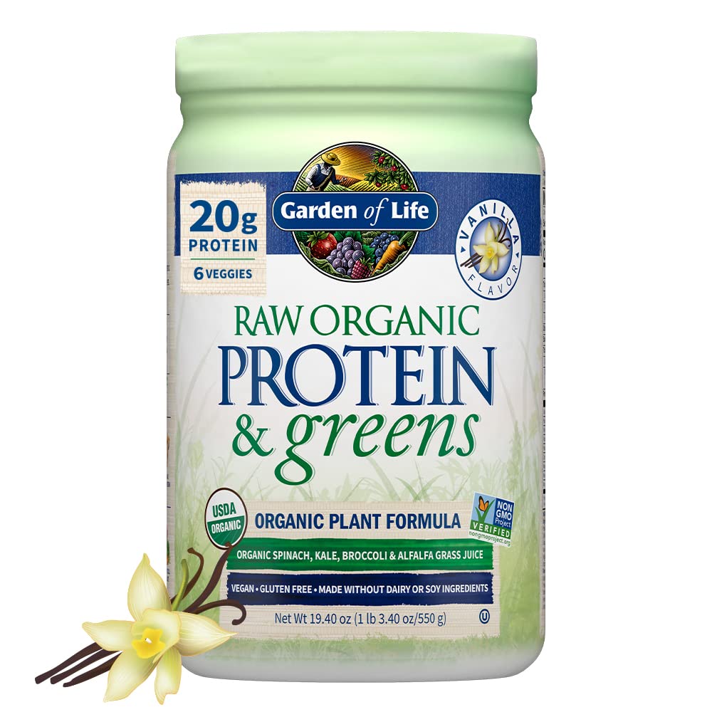 Jardín de Vida Proteína orgánica cruda &amp; Verdes Vainilla - Pólvora de proteínas veganas para mujeres y hombres, proteínas de plantas y guisantes, verdes " Probióticos, afeitada de baja carga sin lácteos 20