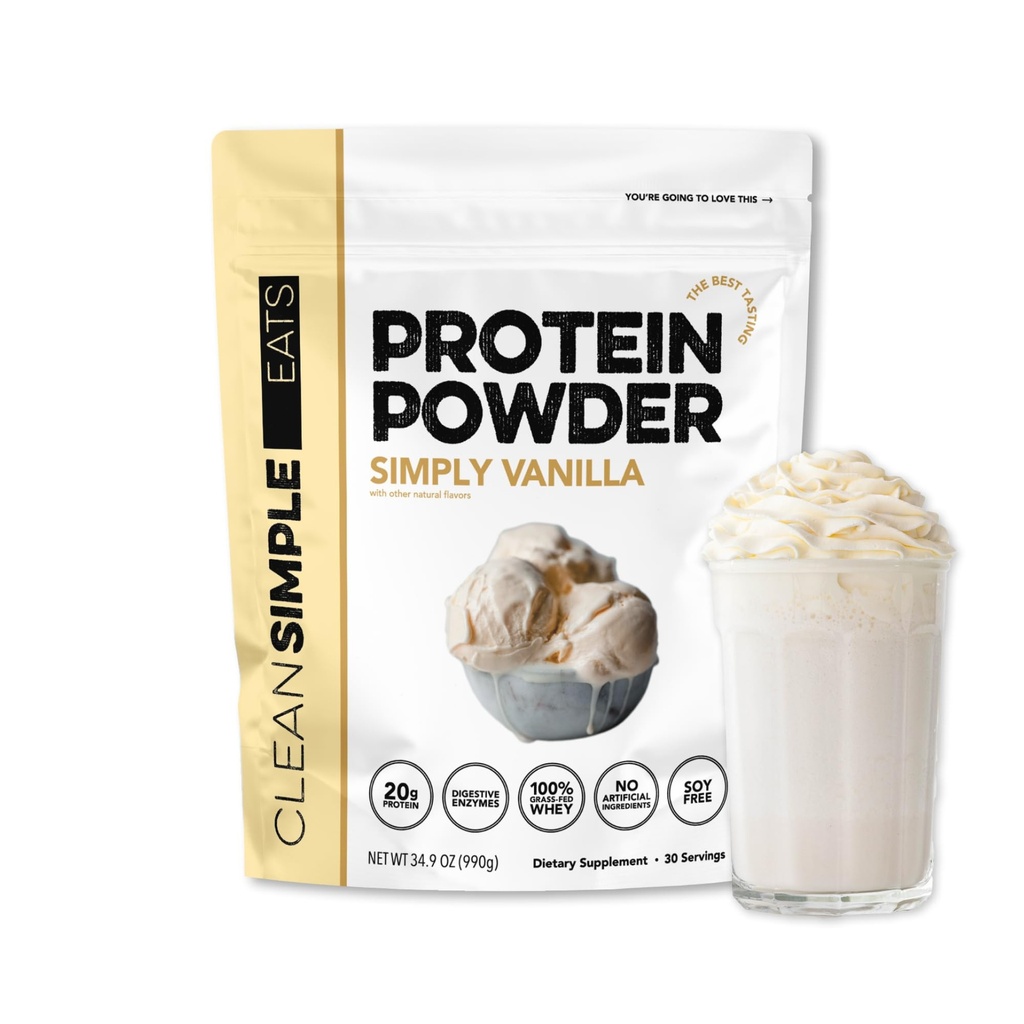 Comidas simples limpias Whey Protein Powder, Sencillamente Vainilla Flavor Naturalmente Endulzado, 100% Grass Fed Protein Powder con Enzimas Digestivas &amp; Sin Ingredientes Artificiales, Gluten Gratis, 30 Sirviendo