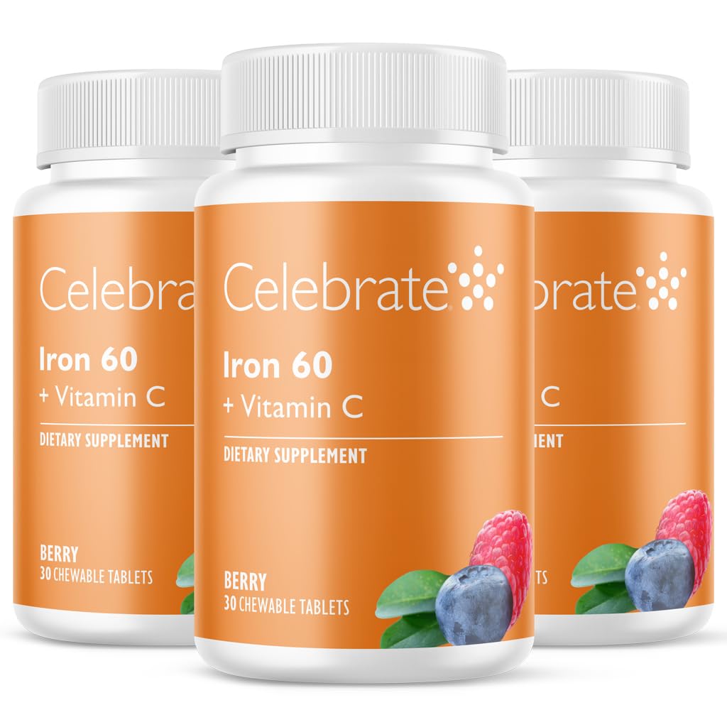Celebrar Vitaminas Suplemento de Hierro con 60 mg de Iron &amp; Vitamina C – Chewables de Berry para pacientes báricos, Bypass Gástrico &amp; Sleeve Apoyo a la Gastrectomía – 30 Tablas para Mantenimiento de la Salud Post-Surgery
