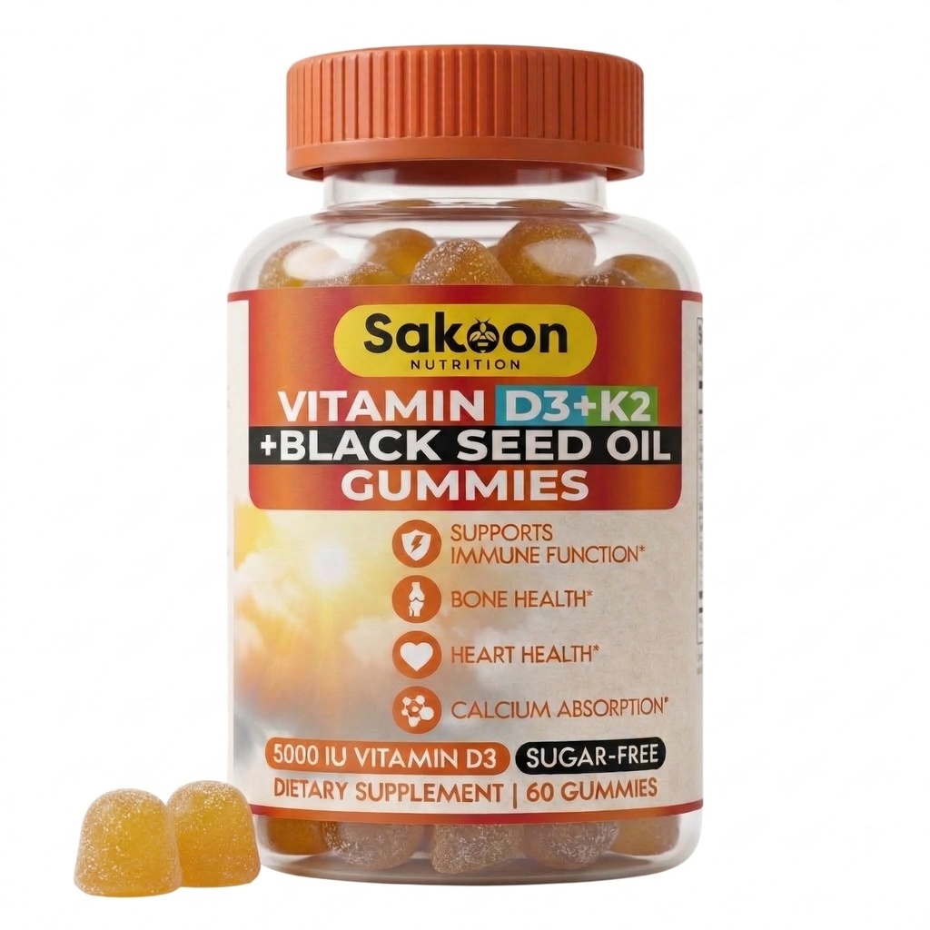 Nutrición de Sakoon 5000 UI Vitamina D3 K2 Suplemento de vitamina con aceite de semilla negra para bonificación, dientes, músculo y apoyo de defensa inmunitaria, no GMO y Gluten Gratis, 60 Chewables de Gummy
