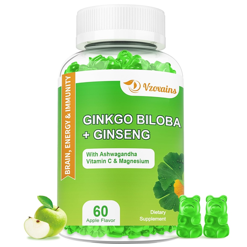 240MG Ginkgo Biloba Gummies with Ginseng and Magnesium, Ginko Biloba Supplements Gummies for Brain Focus, Mood and Memory for Adults, 60 Cts