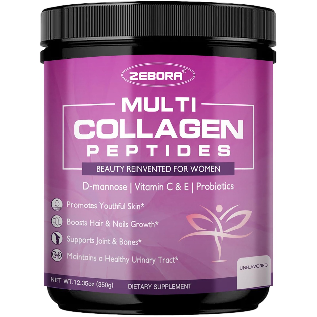 Péptidos multi colágeno ZEBORA Pólvora para mujeres – Péptidos de colágeno hidrolizado con D-Mannose " Probióticos para mujeres – apoya la piel, el cabello, las uñas y la salud de la tracción urinaria, desarmado, 35 servicios