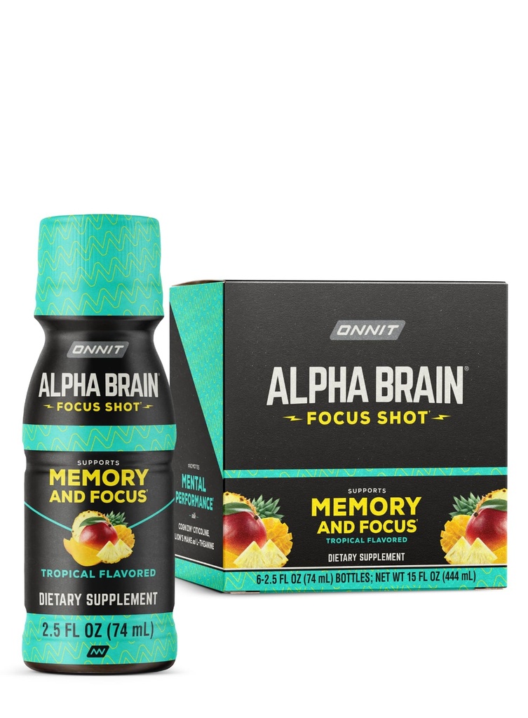 ONNIT Alpha Brain Focus Shot, Tropical Flavor, Nootropic Dietary Supplement Drink That Supports Energy, Focus, and Mood, IGENTM Non-GMO Tested, 2.5 fl oz, 6 Count