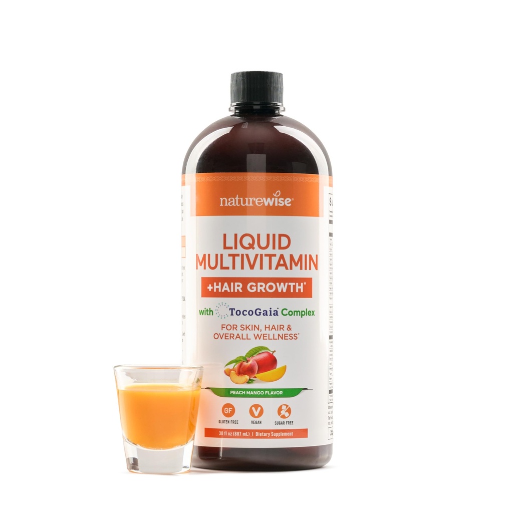 NatureWise Liquid Multivitamin Hair Growth for Women &amp; Men + Tocogaia® for Hair Growth & Skin Elasticity Support + Biotina, Vitamina D, E, B - Sugar Free Multivitamin, Vegan - 30 fl oz[30 Servings]