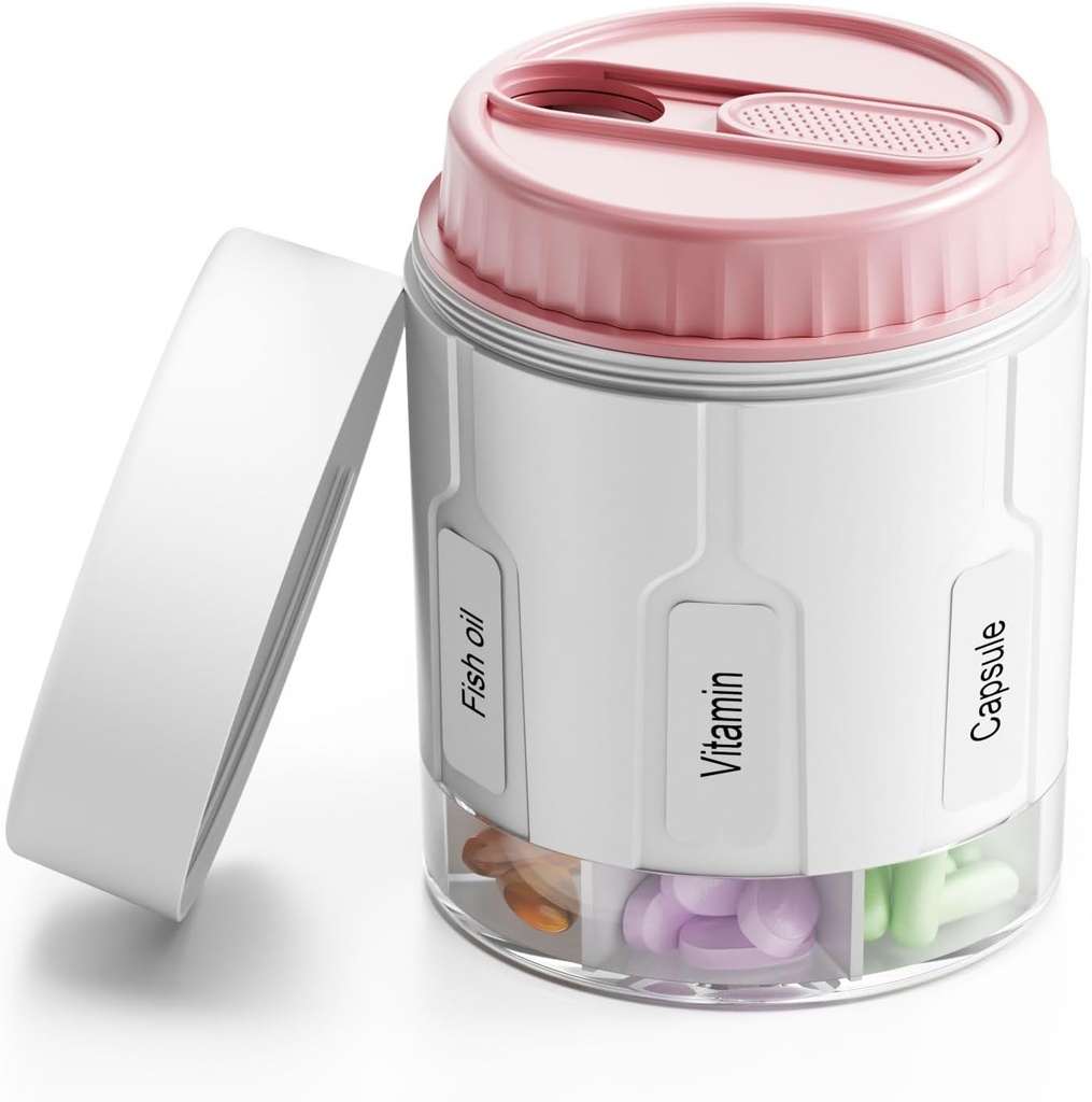 Organizador de botellas Daviky, organizador de suplementos con 7 grandes compartimentos, dispensador de la pila de viaje caja redonda con dos tapas (Pink