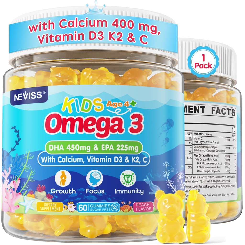 Niños Omega 3 Gummies + Calcio 400mg + Vitamina D3 K2 + C, Omega-3 DHA &amp; EPA Suplemento - No Fish Burps, No Sugar - Niños &amp; Adolescentes Omḛga 3 + Multivitamin Gummy para huesos fuertes, cerebro, inmuno, ojo, 60Cts