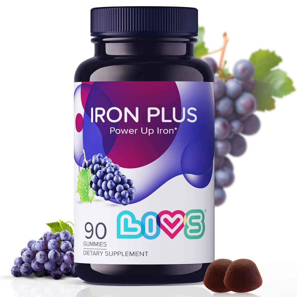 LIVS Iron Supplement for Women ' Men with Vitamin C, A, B3, B5, B6, B12, Biotin, Zinc &amp; Folate ← Non-GMO, Gluten Free Chewable Supplement as Gummy for Energy Boost &amp; Anemia Support - 90 Count