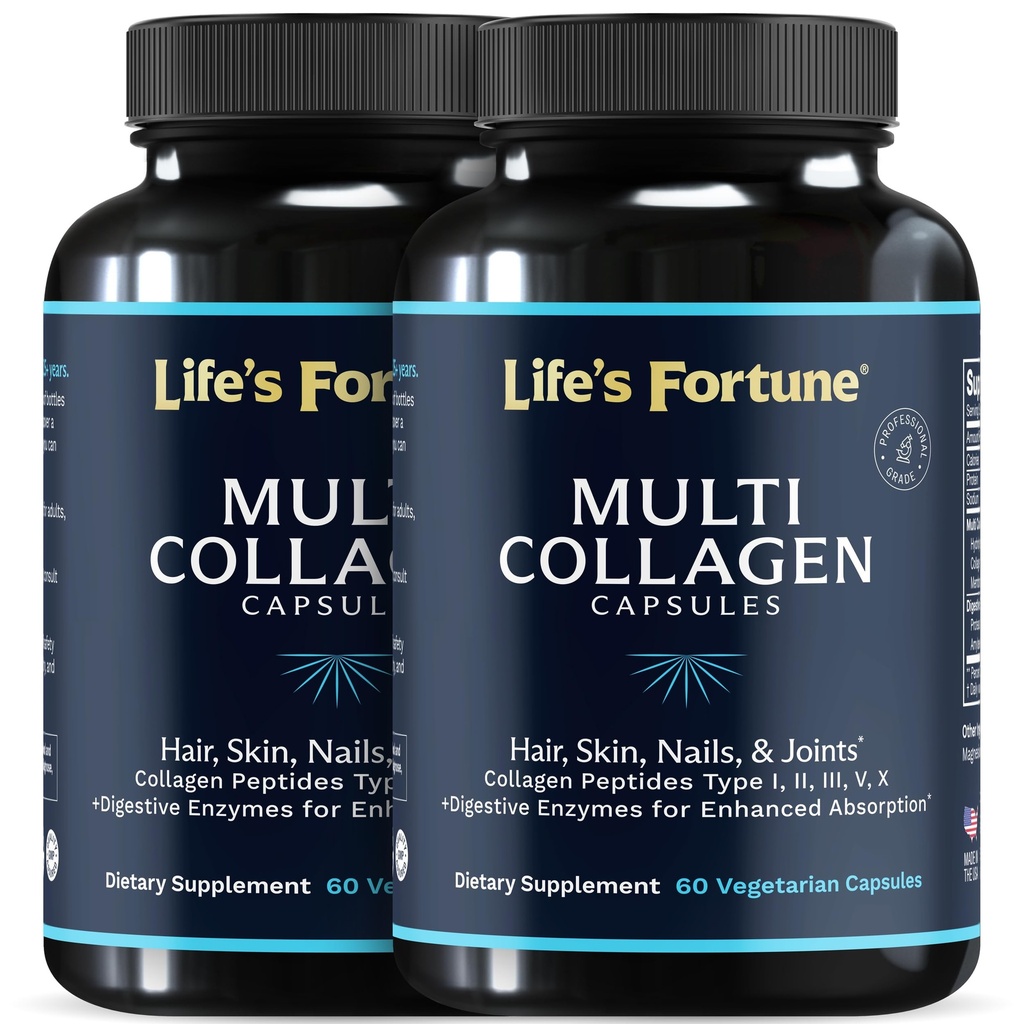 Multi Collagen Peptides Tipos I, II, III, V & X Hidrolyzed Protein Capsules – Grass-Fed, Blend with Digestive Enzyme – for Skin, Hair, Nails, Joints & Gut Health, Unflavored (60 Conde (Pack of 2))