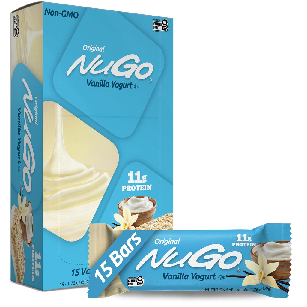 NuGo Protein Bar, Vanilla Yogurt, 11g Protein, 170 Calories, Gluten Free, 1.76 Cada uno, 15 Cuenta (Pack of 1)