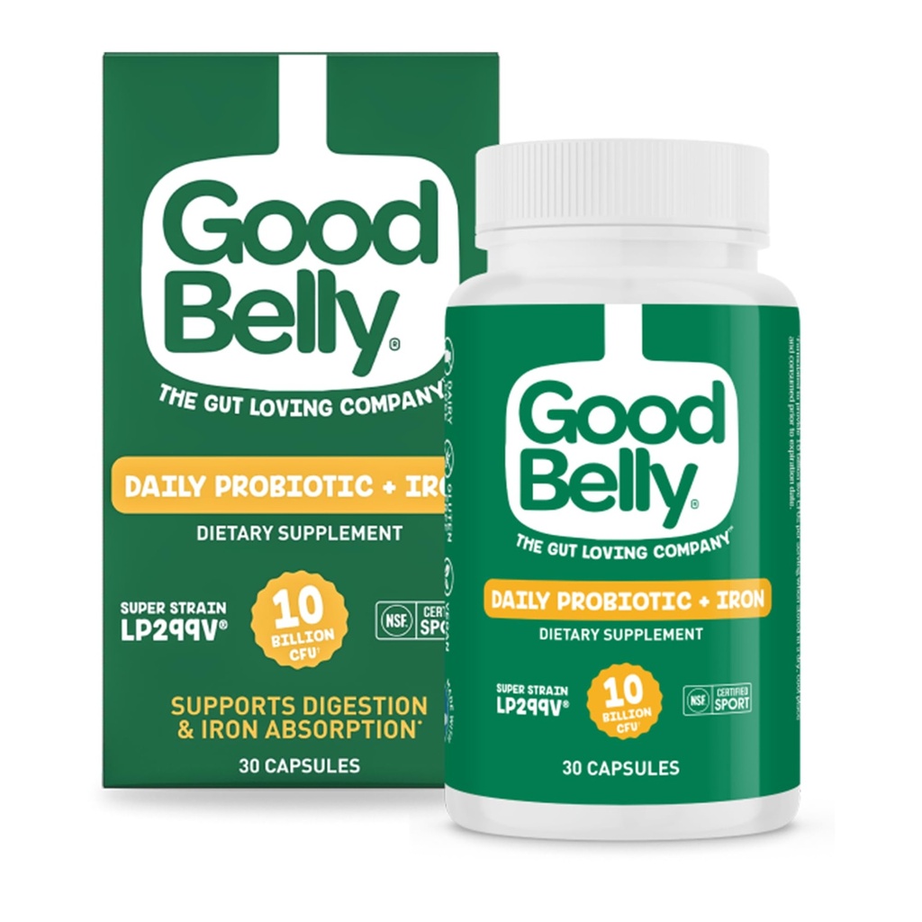 GoodBelly Cápsulas probióticas para la salud digestiva " Absorción de Hierro tóxico Vegan suplemento probiótico con 10 millones de culturas vivas vivieron Probióticos para Mujeres y Hombres