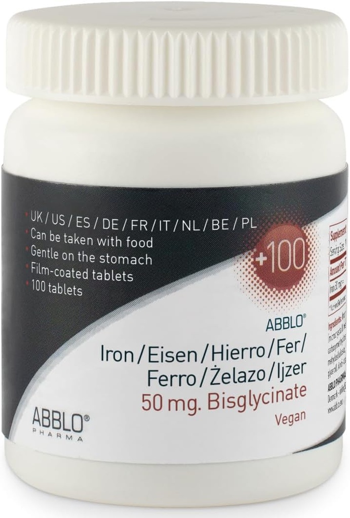 50mg. Iron BISGLYCINATE (100 Unidades) ABBLO es suave en el estómago &amp; se puede llevar con la comida.