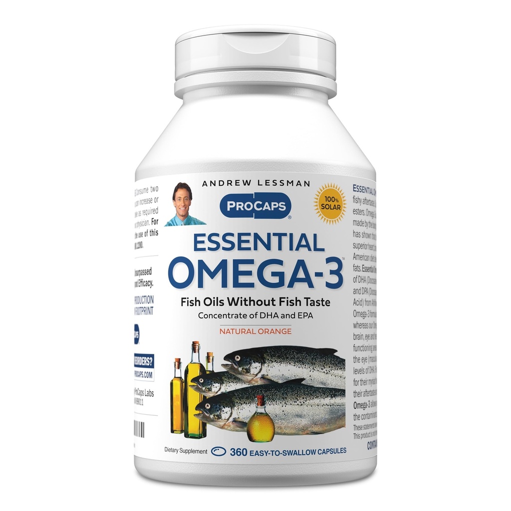 ANDREW LESSMAN Essential Omega-3 Orange - 360 Softgels - Ultra-Pure, Alta Potencia Omega-3 Aceites. High DHA, No Stomach Upset, No Contaminants, No Mercury. Pequeño fácil de absorber Softgels