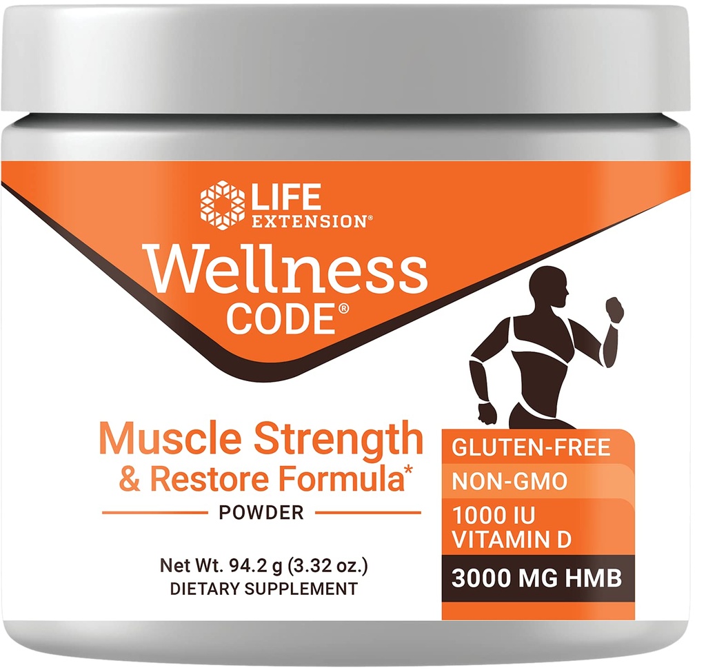 Life Extension Wellness Code® Muscle Strength & Restore Fórmula, Vitamina D3, ß-Hydroxy-ß-Methylbutyrate Monohydrate (HMB), Muscle Health, Gluten Free, Non-GMO, 94.2 g