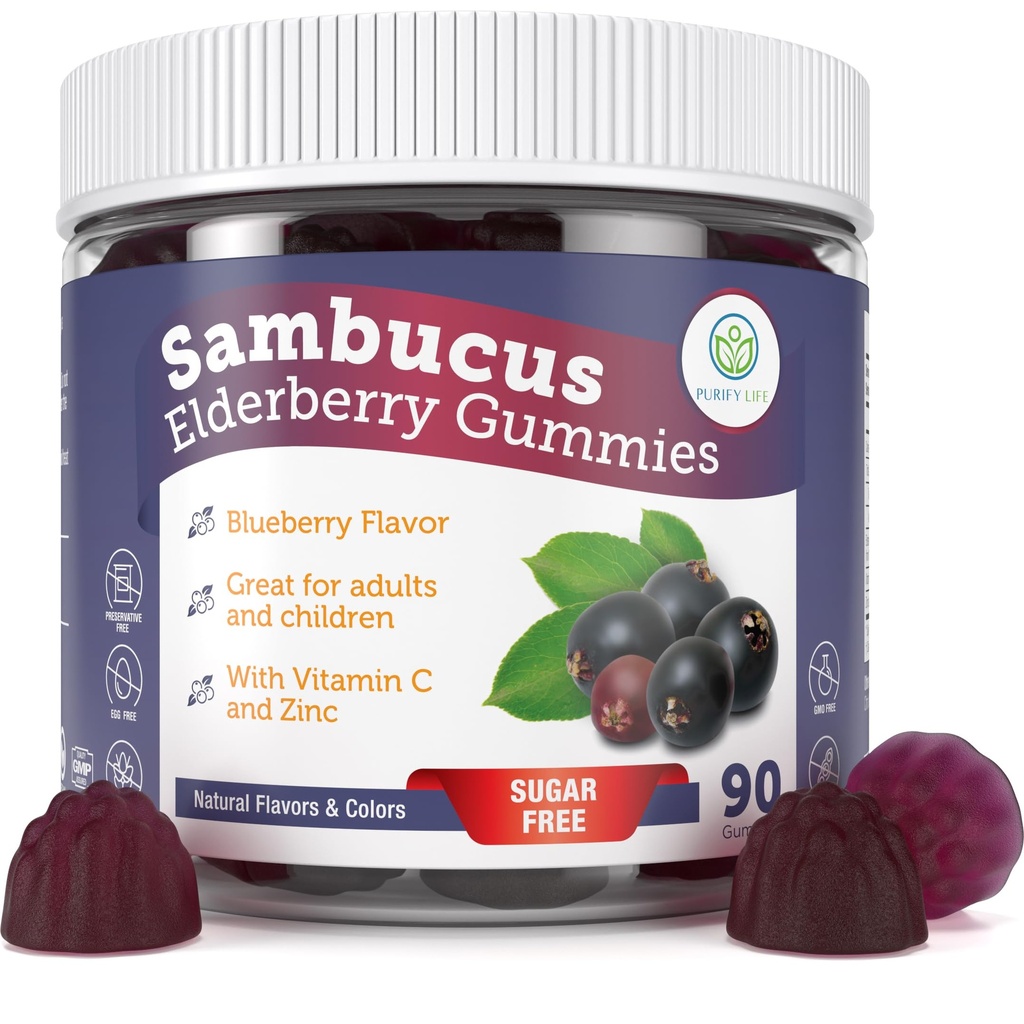 Purify Life Gummies sin azúcar con vitamina C & Zinc para adultos y niños, Suplemento de Apoyo Inmunitario para la Salud Respiratoria, Sambucus Elderberry Antioxidant Gummies - Vegan, 90 Condes