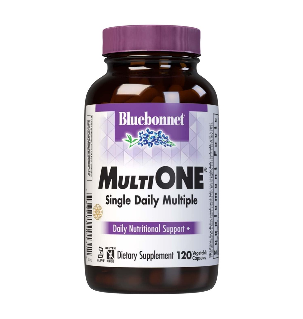 Bluebonnet Nutrition Multi One (Con Hierro) cápsulas vegetales, espectro completo suplemento de vitaminas múltiples, vitaminas B, sin gluten y leche, kosher, fuente de 4 meses, 120 cuenta