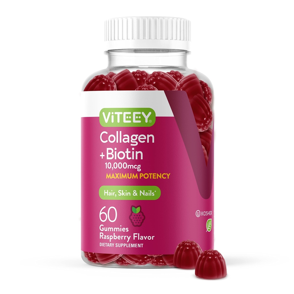 Viteey Collagen Gummies with Biotin Gummies for Hair Skin and Nails Vitaminas - Biotina y Collagen Suplementos para Hombres Mujer - Vegan, Gluten-Free – 60 Con