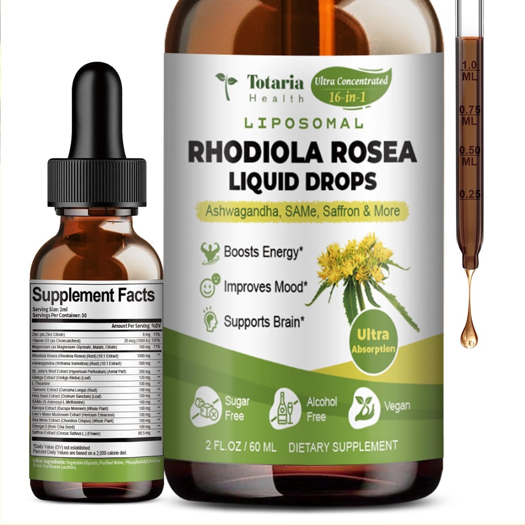 Totaria 16-in-1 Liposomal Rhodiola Rosea Tincture, Ultra Strength Rhodiola Suplemento w/Ashwagandha, Saffron, Magnesium, SAM-e, Rhodiola Rosea Extracto gotas líquidas para la relajación natural, Mood, Energy