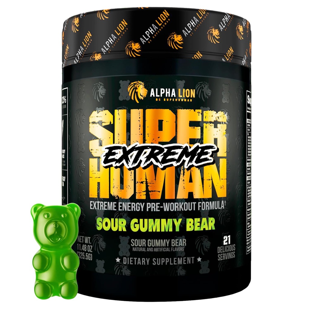 ALPHA LION Superhuman Extreme High Stim Pre Workout Powder, Beta Alanine, L-Taurine " 356mg Tri-Source Caffeine for Sustained Energy, Nitric Oxide " Citrulline for Pump (21 Servings, Sour Gummy Bear)