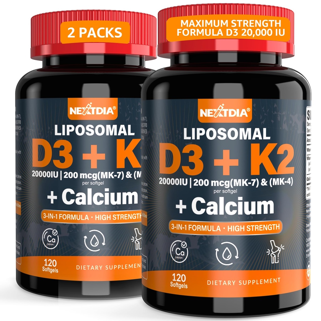 Vitamina D3 20.000 UI + K2 Vitamina (MK4 &amp; MK7) 200mcg + Calcio Citrato, Vitamina Optimal D3 K2 Softgel - Hueso fuerte &amp; musculo, Absorción de calcio, Ayuda a las deficiencias de vitamina D, Fácil de Tragar, 2Pack