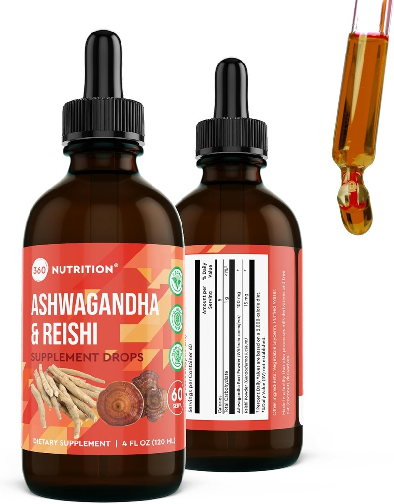 360 Nutrición Ashwagandha " Reishi Root Supplement Drops for Stress Relief, Stamina " Longevity, y Energy Support - Vegan Non-GMO Adaptogenic - 4 fl oz, 60 Servings