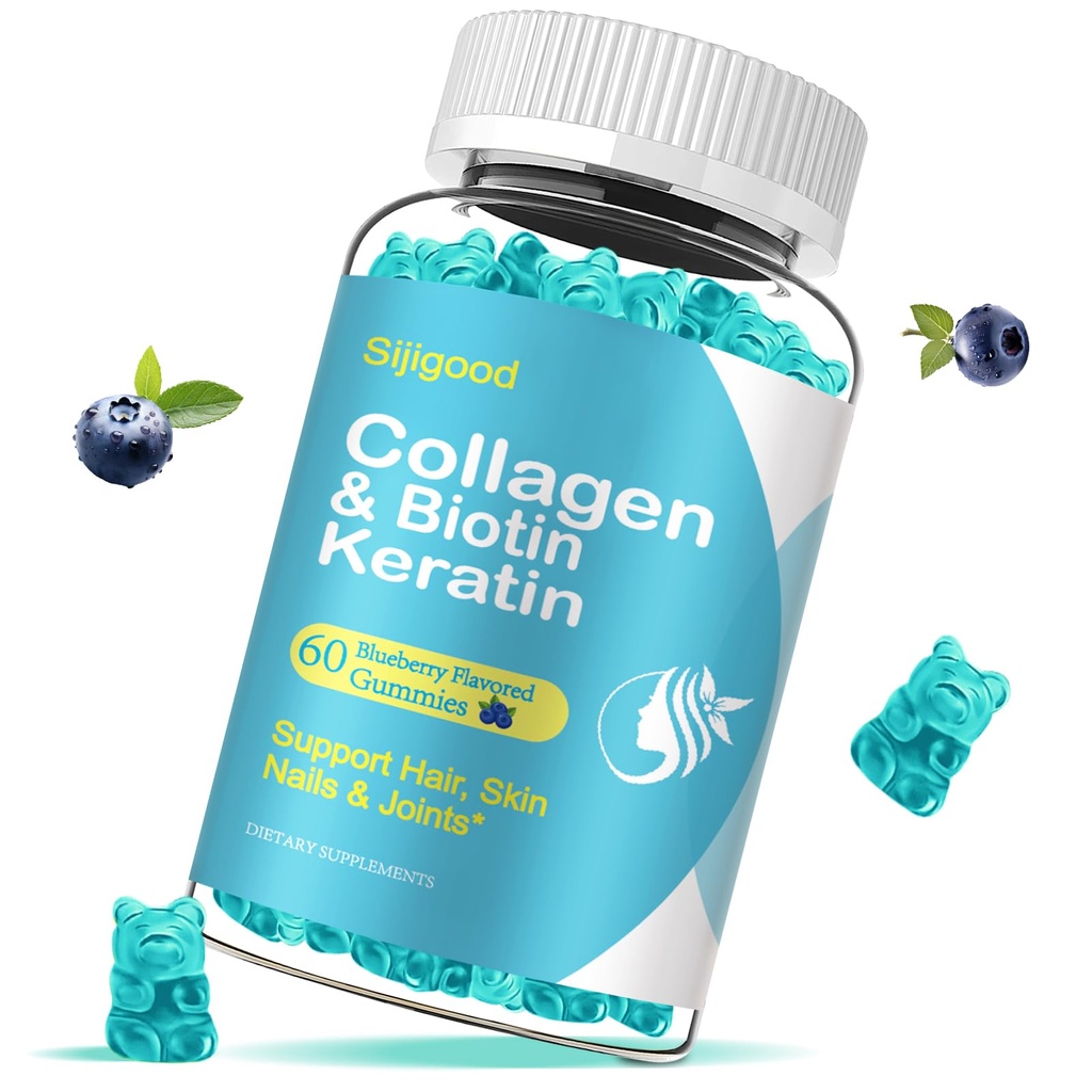 Biotina Gummies con colágeno, queratina, ácido hialurónico, vitamina para la piel, crecimiento del cabello, uñas, mujeres adultos Niños - 60 Blueberry Flavored Gummies