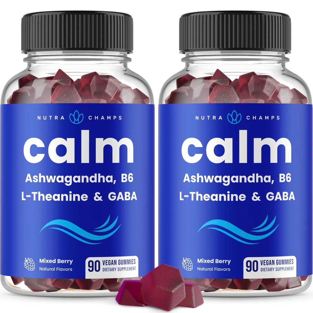 NutraChamps Calm Gummies, Stress Gummies Suplemento con Ashwagandha, L-Theanine, GABA, Vitamina B6 &amp; Lemon Balm, 90 Gummies (Pack of 2)